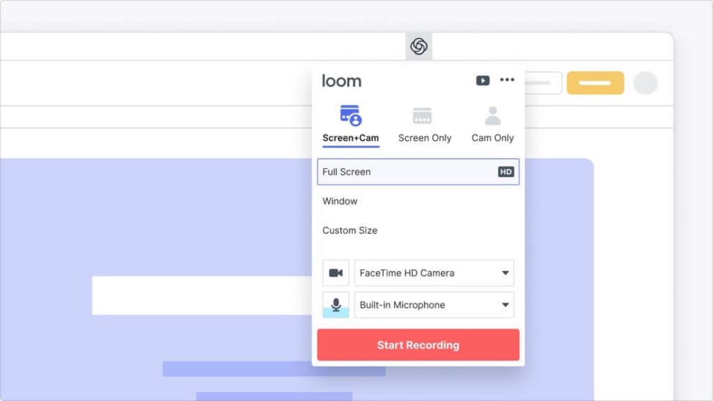 Loom screen recording interface