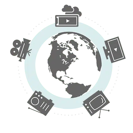Globe with media devices orbiting