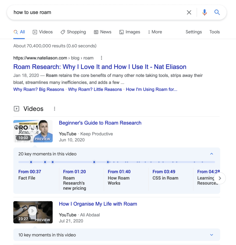 Search results with videos in Google
