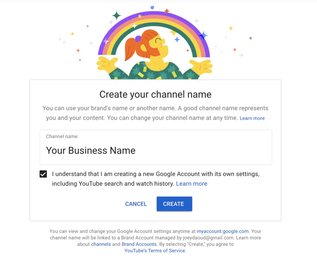 Interface to type in your YouTube channel name when creating a YouTube brand account.