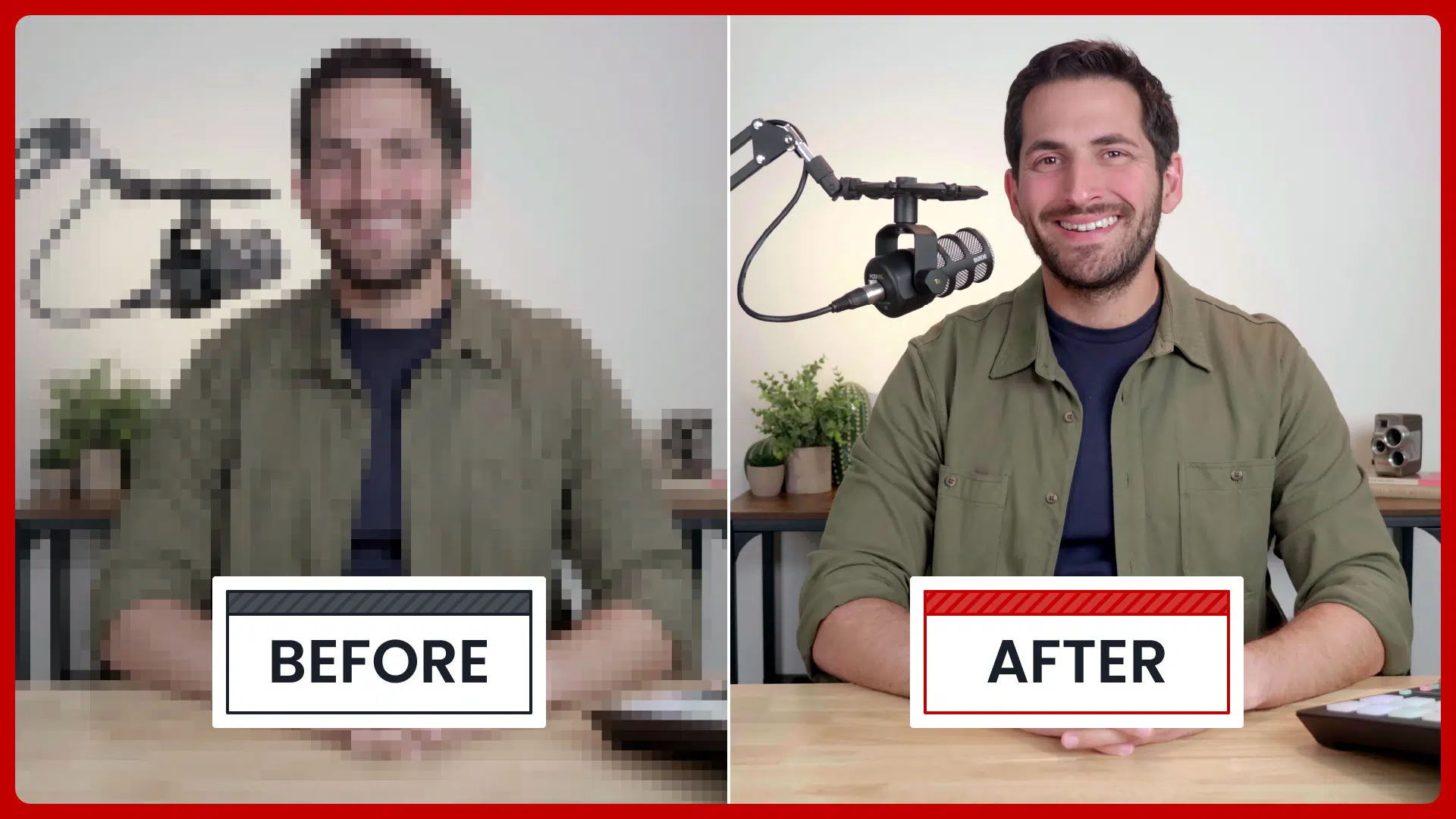 Two side by side headshots, one blurry, one not, showing the before and after of high quality video podcasting.